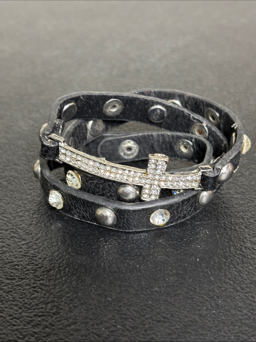 Black Leather Edgy Rhinestone Crystal Cross Wrap Bracelet - Black